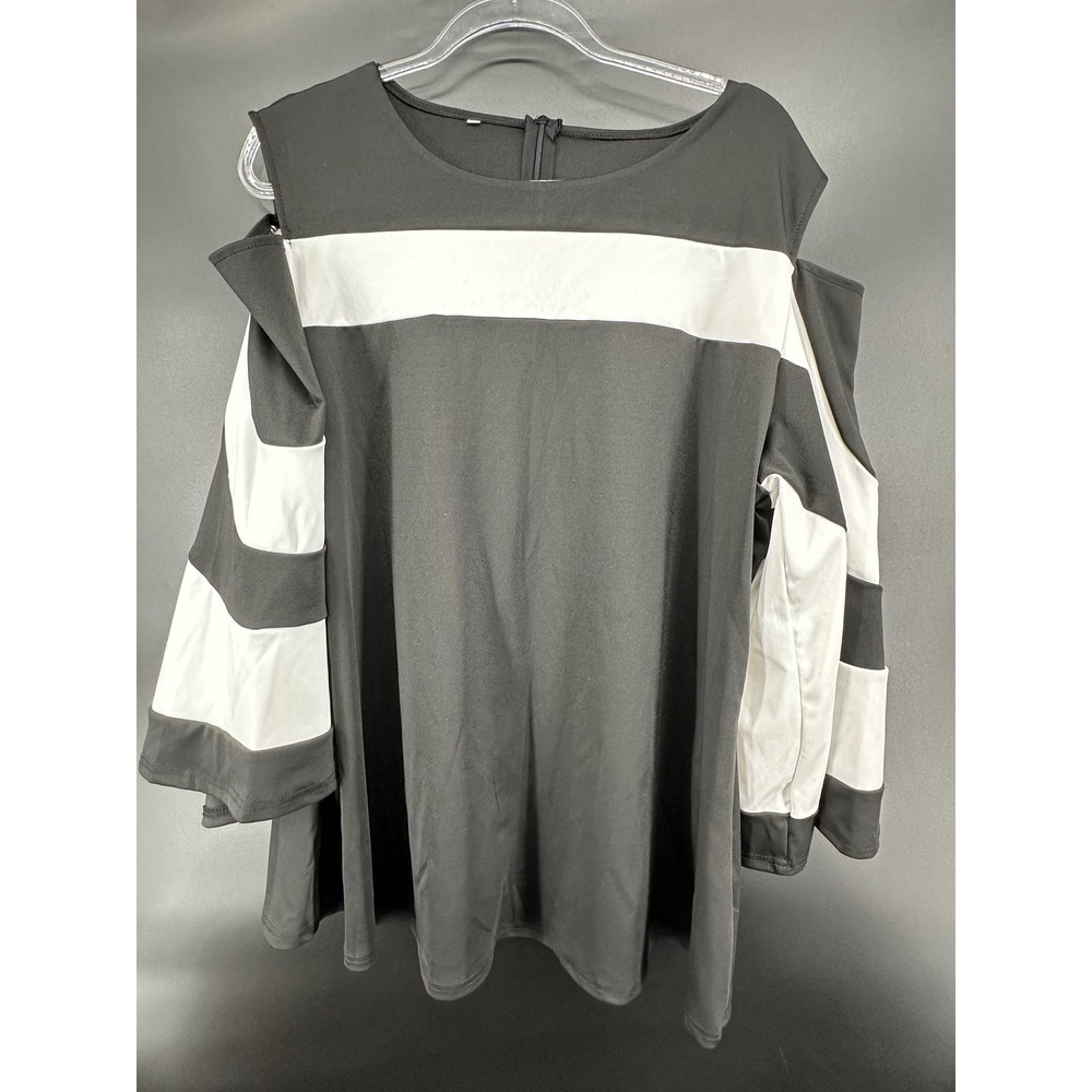 Women Black White Colorblock Cold Shoulder Bell Sleeve Tunic Top 2XL - Picture 3 of 6